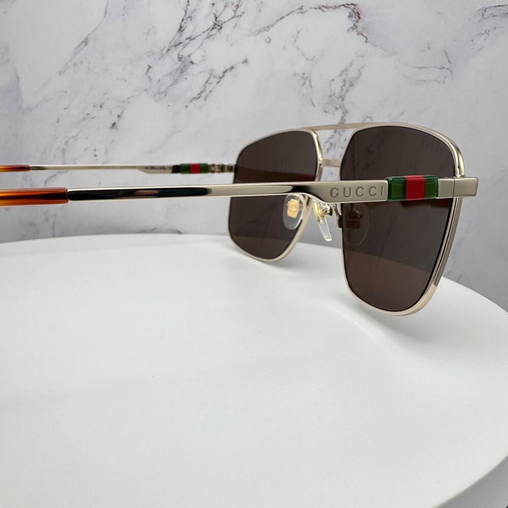 New GUCCI Sunglasses Gold Metal Square Aviator Pilot Red Green Web Logo Mens - Picture 14 of 16
